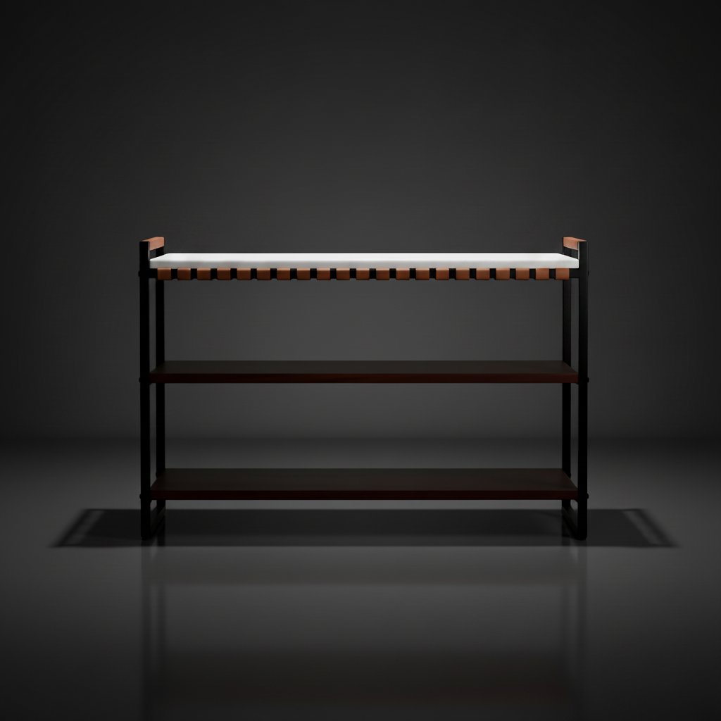 Surya Novelle Bookcase with white marble top, metallic bronze iron, stained acacia shelves, and leather handles.