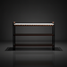 Surya Novelle Bookcase with white marble top, metallic bronze iron, stained acacia shelves, and leather handles.