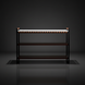 Surya Novelle Bookcase with white marble top, metallic bronze iron, stained acacia shelves, and leather handles.