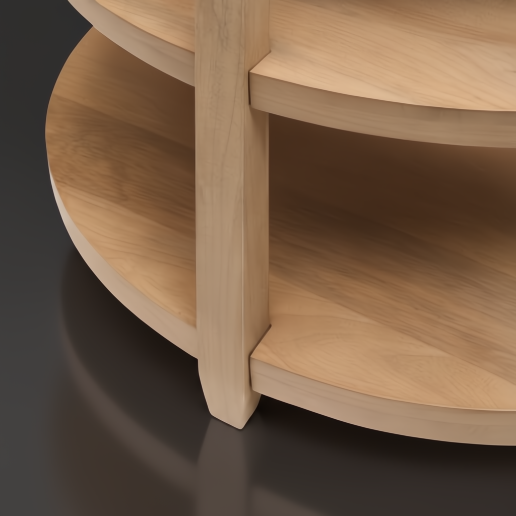 Close-up of the Surya Rosemary console table's light mango wood base and curved lower shelf.