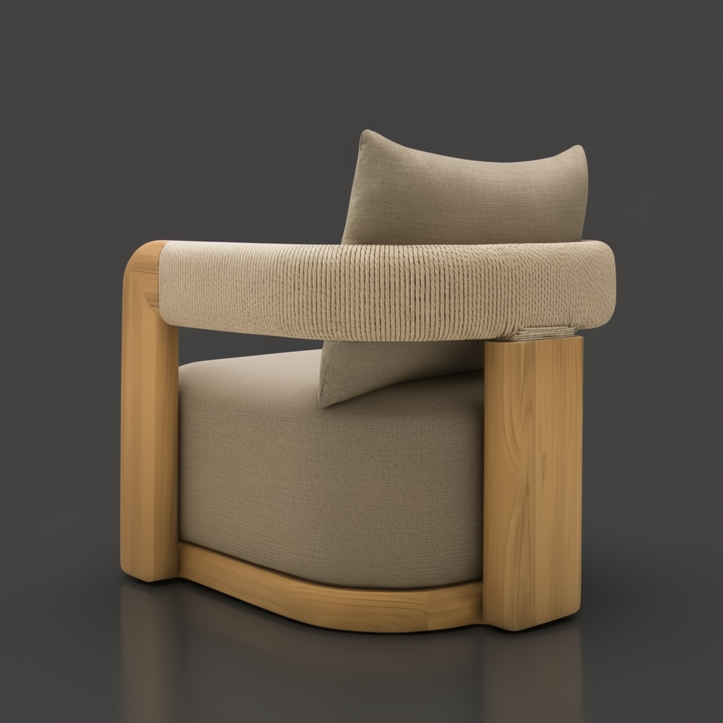 Surya Palma Swivel Chair with natural teak wood base and light beige Sunbrella acrylic cushion.