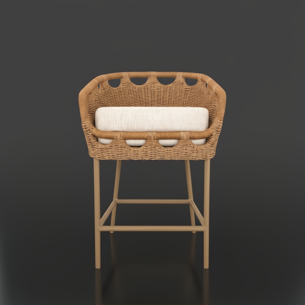 Surya Marvella counter stool with woven brown rattan back, light cushion, and light brown aluminum legs.