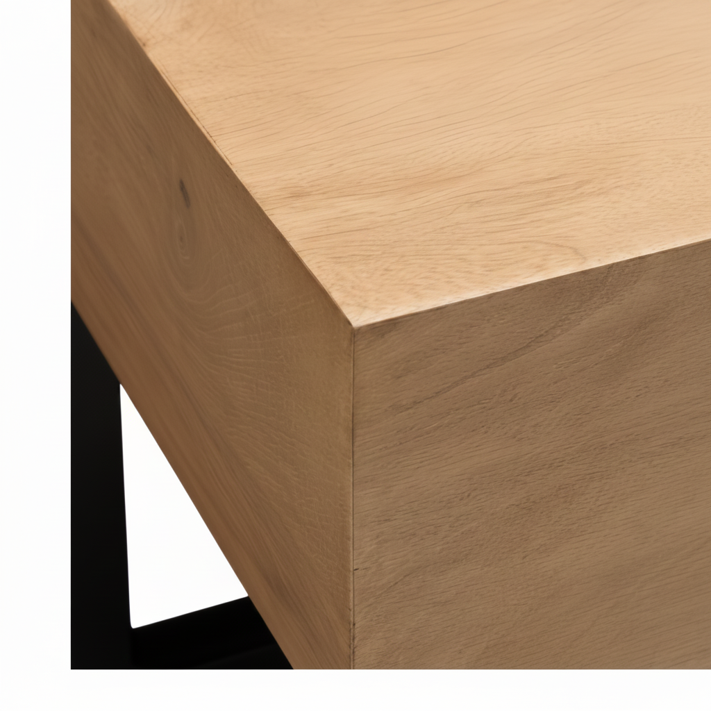 Minimalist Surya Lowmax coffee table with a light brown mango wood top and a black cast iron base.