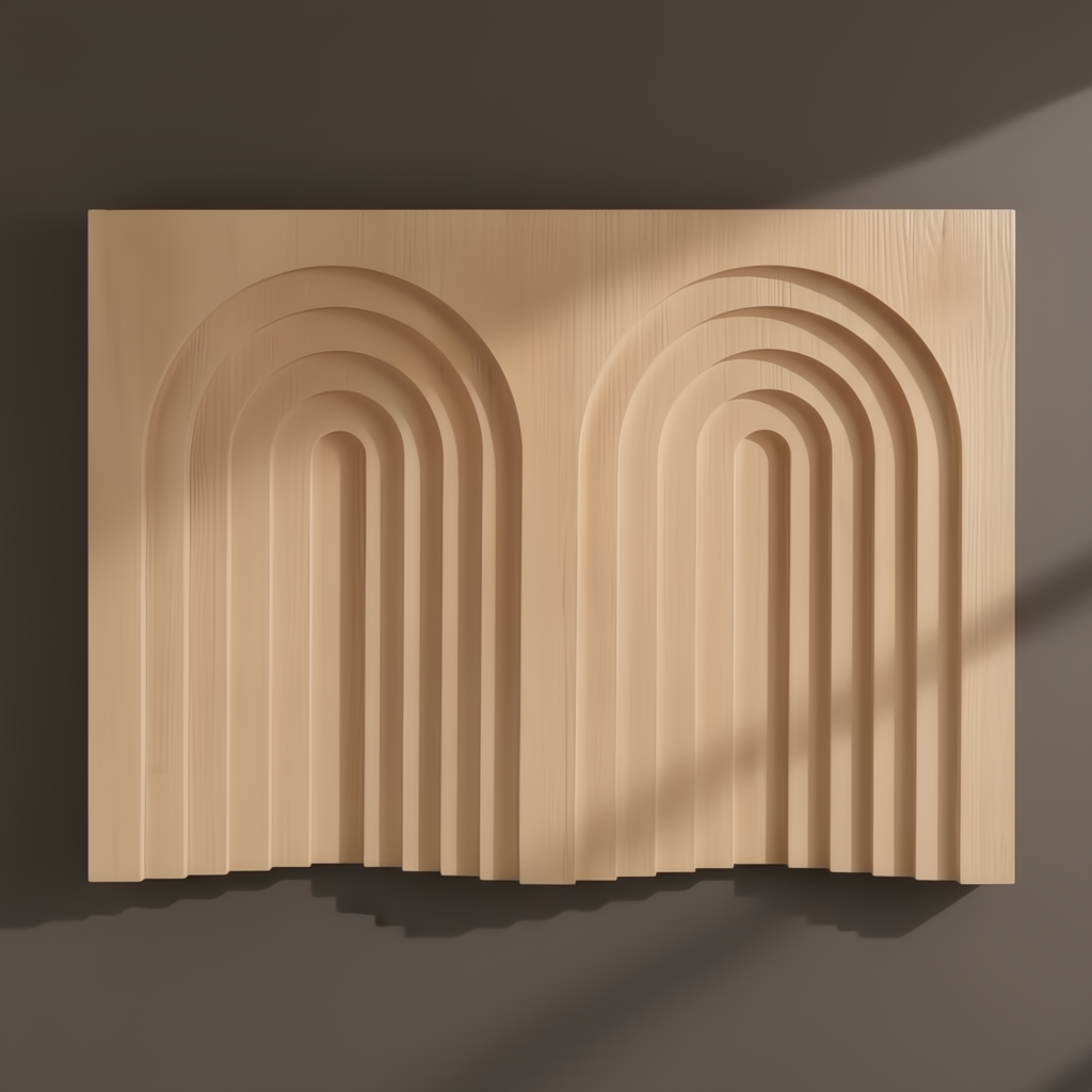 Light brown wooden wall art with two sets of carved concentric arches, casting shadows on a dark wall.