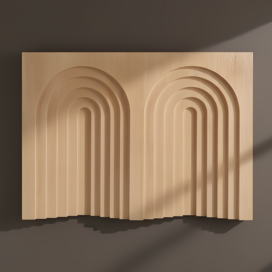Light brown wooden wall art with two sets of carved concentric arches, casting shadows on a dark wall.