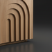 Minimalist brown brushed hemlock wood end table with carved concentric arch design.