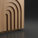 Minimalist brown brushed hemlock wood end table with carved concentric arch design.