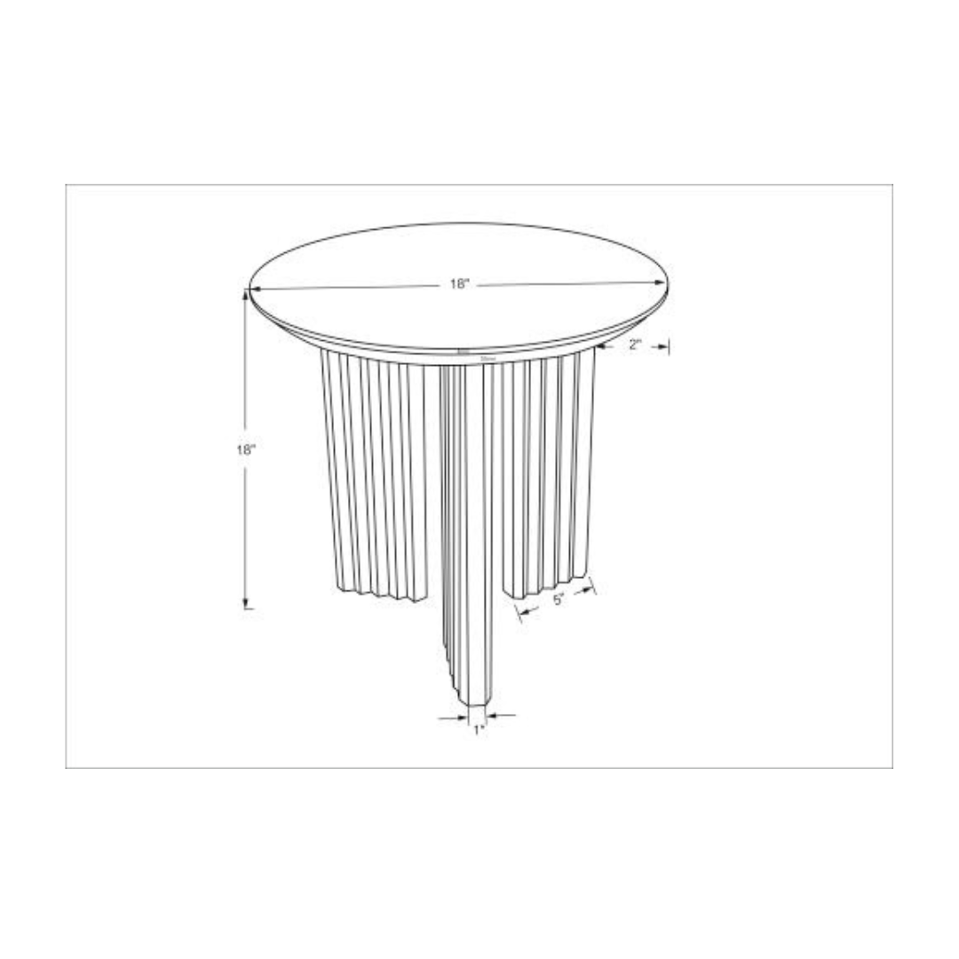 Brown lacquered mango wood round end table with beveled top and zigzag fluted legs, 18"H x 18"W.