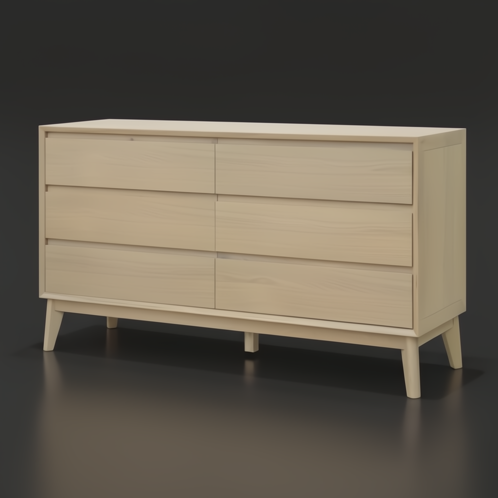 Light brown oak mid-century modern dresser with six drawers and tapered legs.