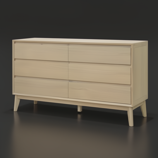 Light brown oak mid-century modern dresser with six drawers and tapered legs.