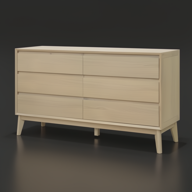 Light brown oak mid-century modern dresser with six drawers and tapered legs.