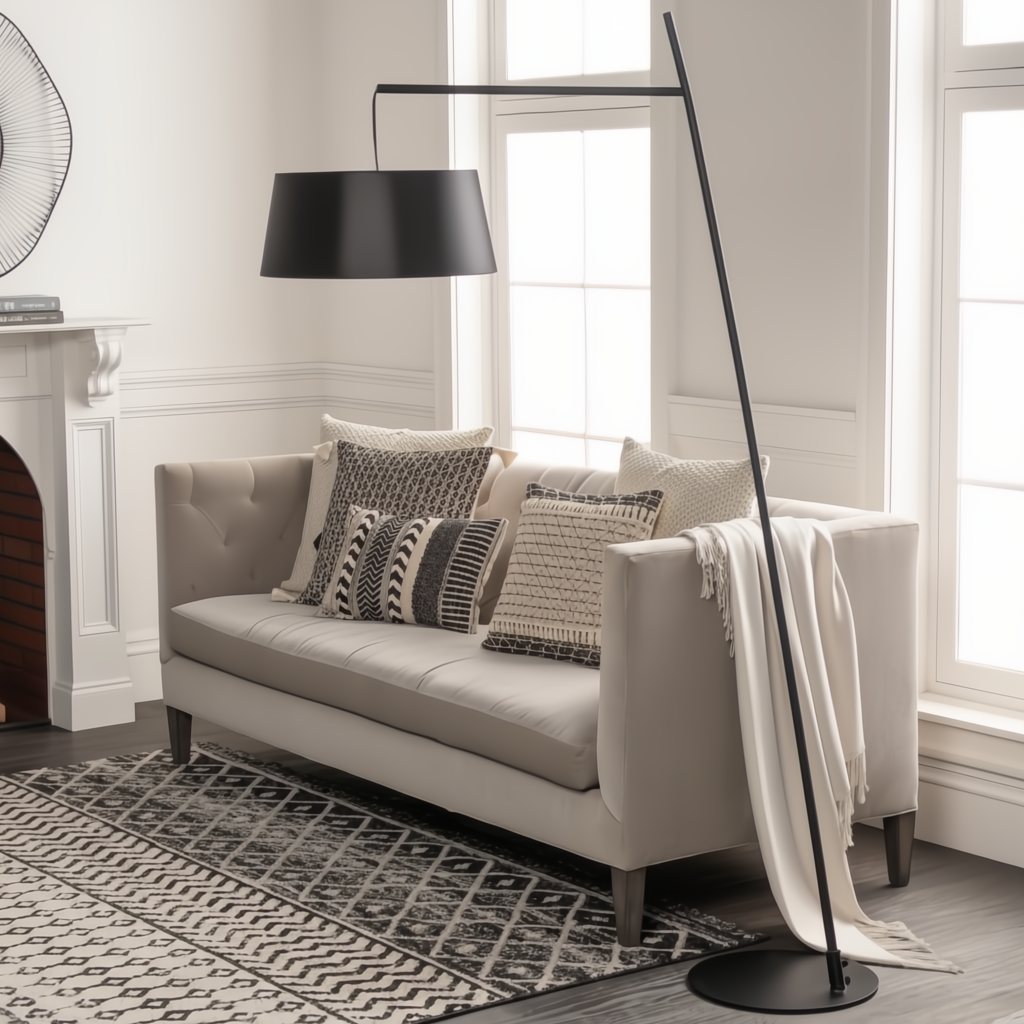 Tall black Astro Accent Floor Lamp by Surya with a wide drum shade, next to a beige sofa.