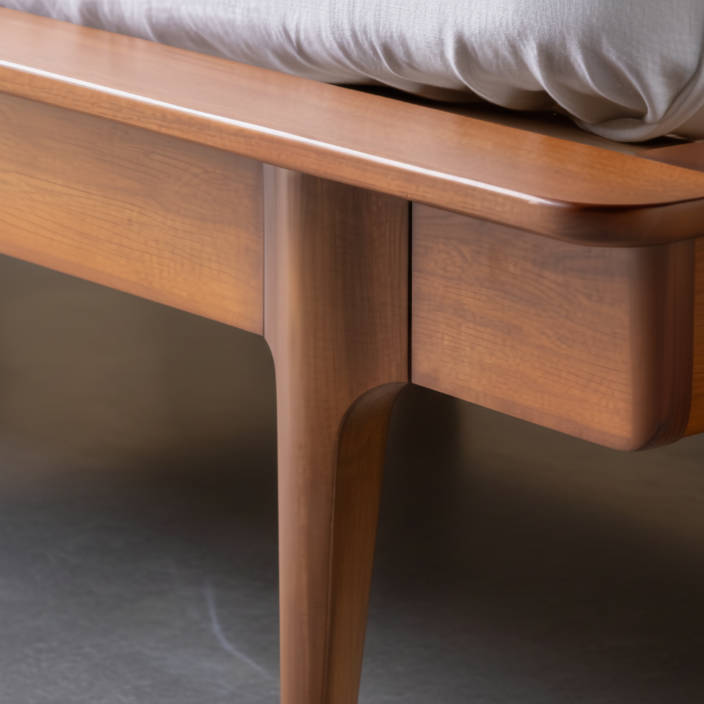 Close-up of Grande King/CA King wood bed, showing its brown poplar construction and minimalist design.