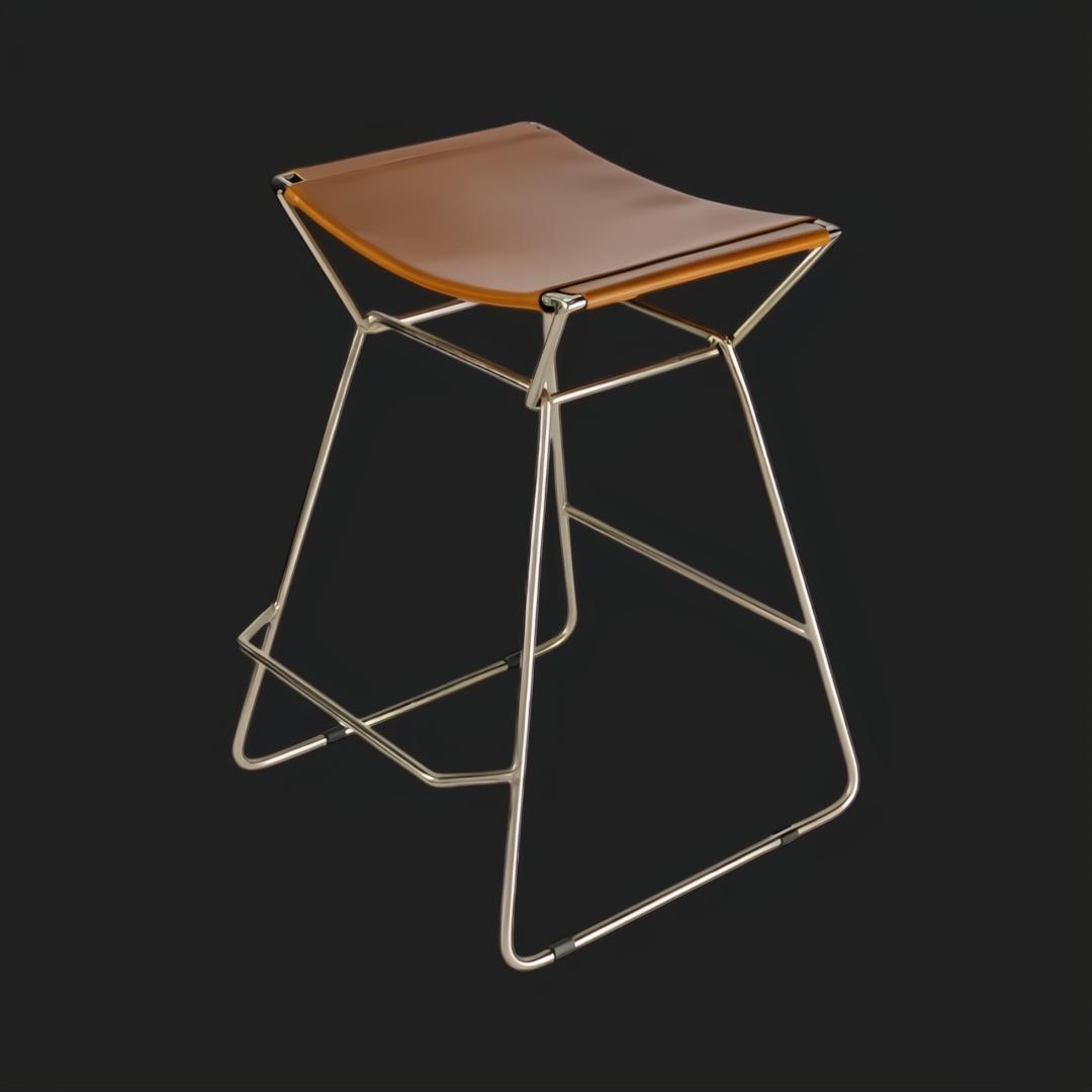 Modern Surya Celerio counter stool with brown leather top and metallic bronze iron base.