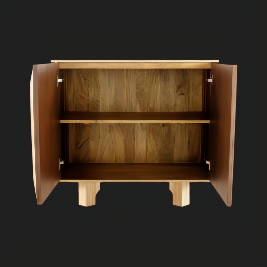 Surya Scalene cabinet with open doors, revealing two shelves and a clear eucalyptus veneer finish.