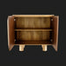 Surya Scalene cabinet with open doors, revealing two shelves and a clear eucalyptus veneer finish.