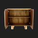 Surya Scalene cabinet with open doors, revealing two shelves and a clear eucalyptus veneer finish.