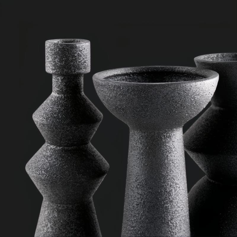 Surya Konark KNK-001 black ceramic vase set, 10-inch, with varied global-inspired shapes.