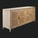 Modern Surya Etewah sideboard with light brown mango wood frame and four rattan-paneled doors with gold pulls.