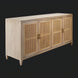Modern Surya Etewah sideboard with light brown mango wood frame and four rattan-paneled doors with gold pulls.