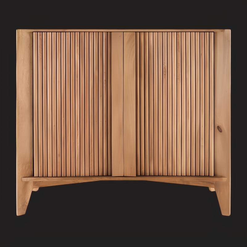 Surya Ronan RNO-001 cabinet: brown lacquered mango wood with vertical slat doors and curved base.