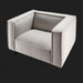 Modern light gray linen accent chair with a wide profile and black iron base.