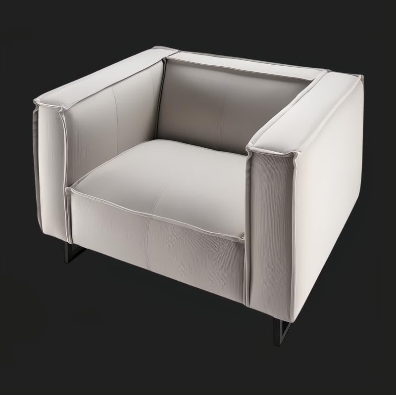 Modern light gray linen accent chair with a wide profile and black iron base.