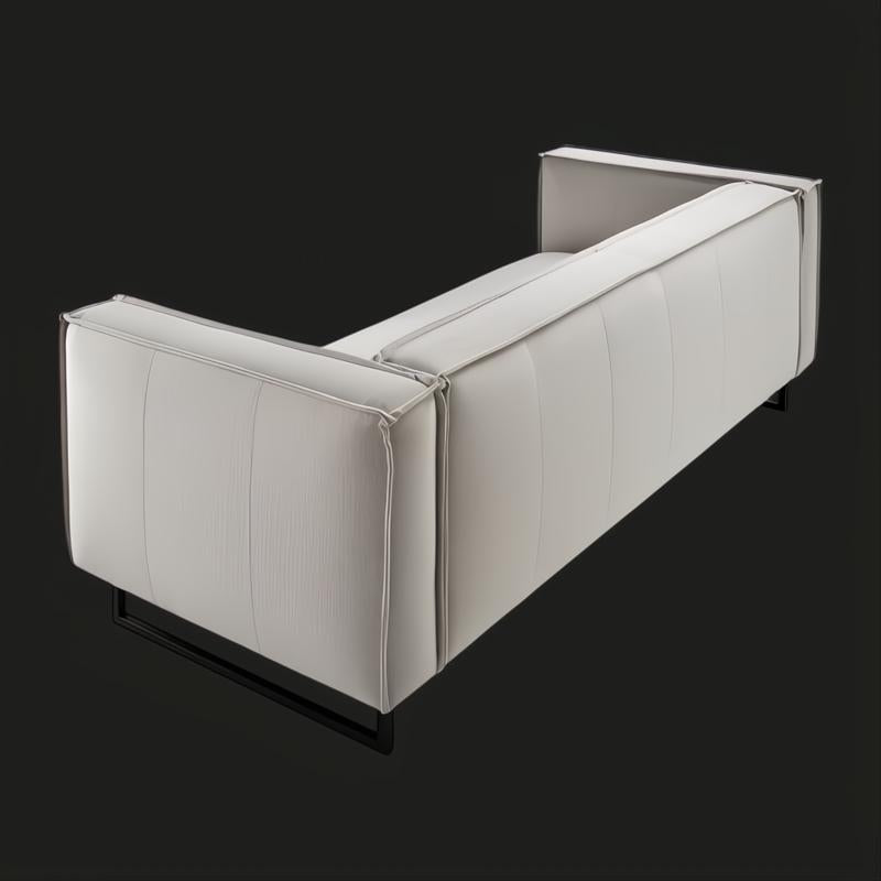 Surya Dylan light gray linen sofa with a modern design and black iron base.