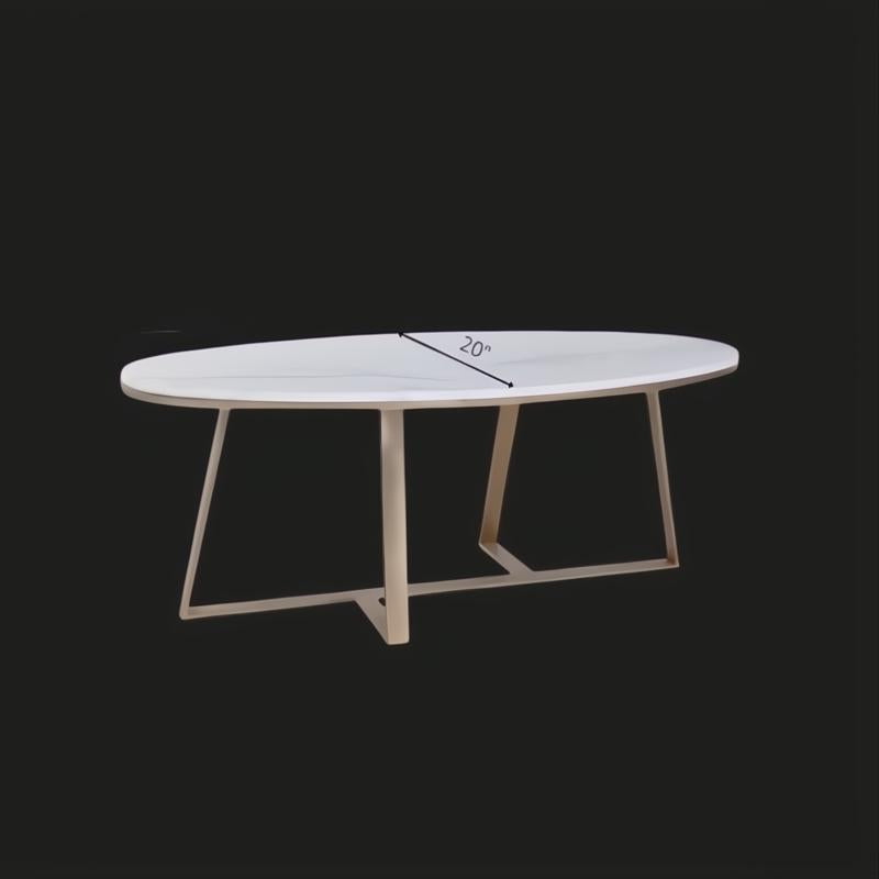 Surya Akola oval coffee table with a white natural marble top and a gold powder-coated iron base.