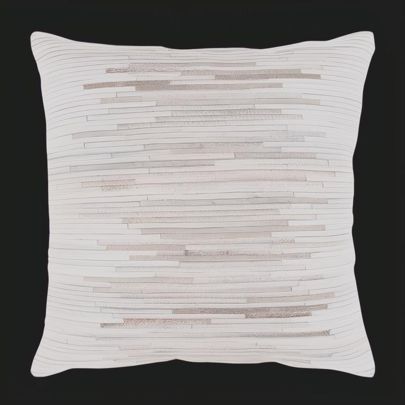 Cream square pouf with horizontal hair-on-hide strips creating a textured, modern design.