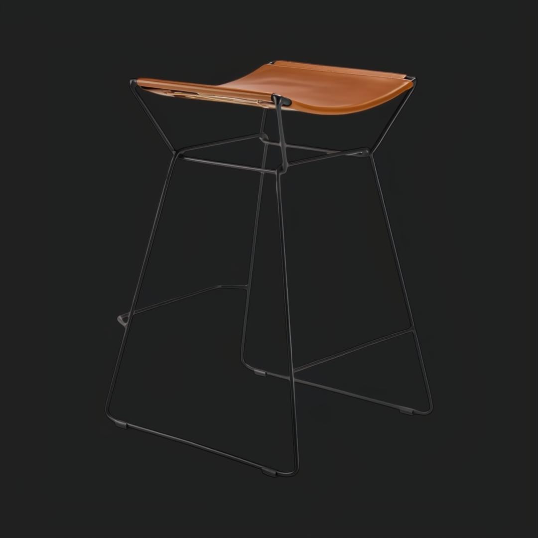 Surya Celerio counter stool with brown lacquered leather seat and gray powder-coated iron base.
