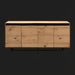 Modern Surya Molander sideboard with natural oak veneer top, black steel frame, and four soft-close doors.