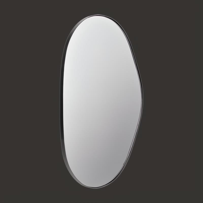 Modern organic-shaped mirror with a sleek black frame, reflecting light.