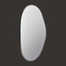 Modern organic-shaped mirror with a sleek black frame, reflecting light.