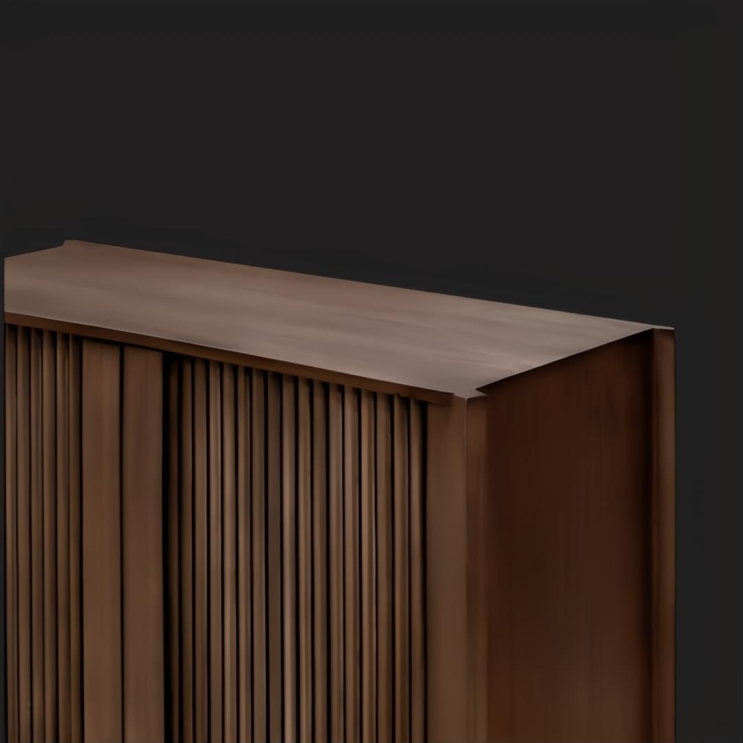 Surya Ronan brown lacquered mango wood cabinet with vertical slat doors and a modern, minimalist design.