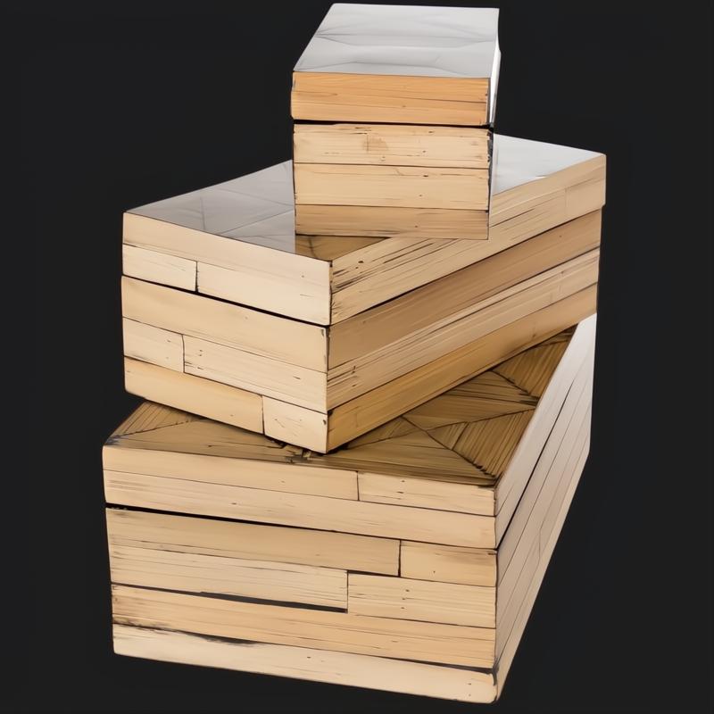 Stacked set of three natural bamboo and dark brown hand-painted decorative boxes with a global, transitional style.