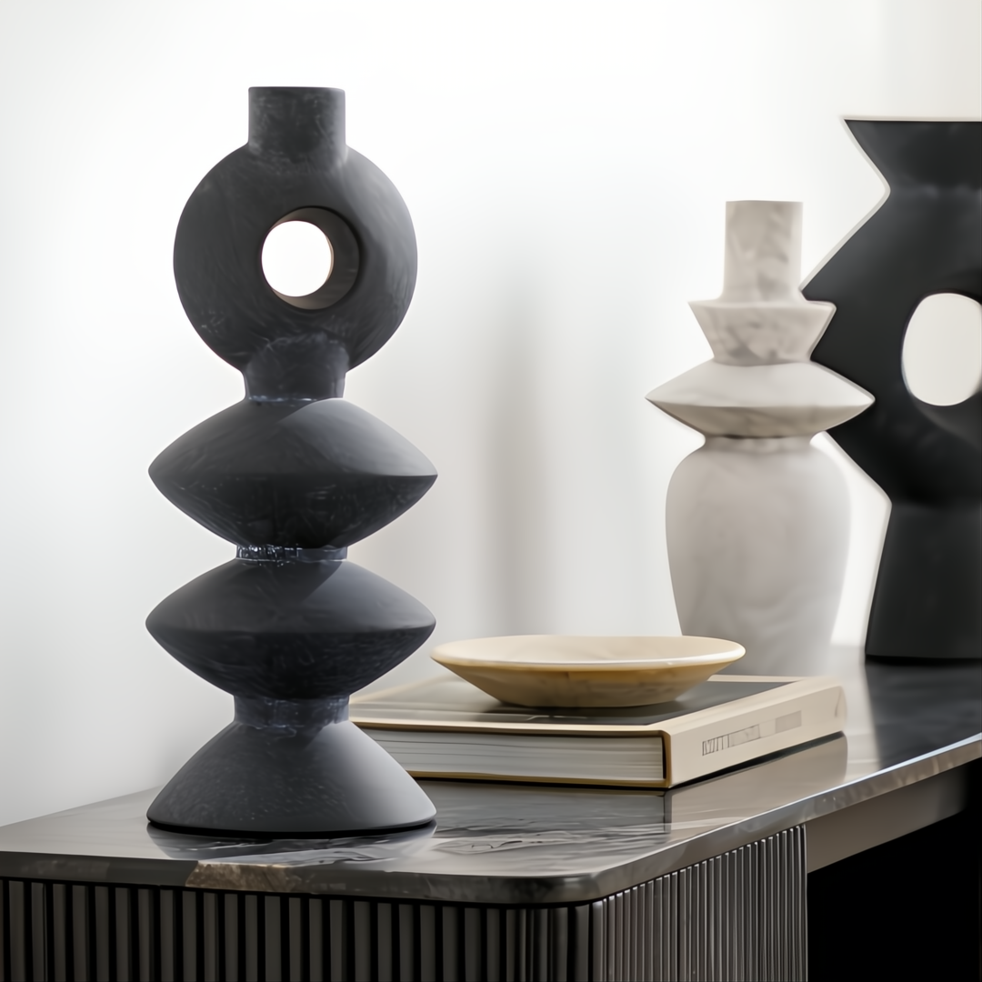 Surya Yagya YAG-008 black brushed matte ceramic vase with sculptural, sleek, and minimal modern form.