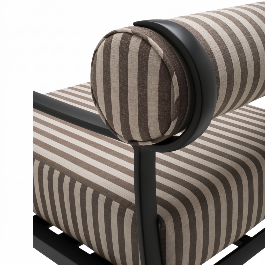 Close-up of a Surya Antibes accent chair with brown and beige striped Sunbrella fabric and black aluminum frame.
