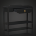 Black Surya Doheny console table with open drawer, gold pull, gallery top, and shallow tray shelf.