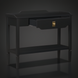 Black Surya Doheny console table with open drawer, gold pull, gallery top, and shallow tray shelf.