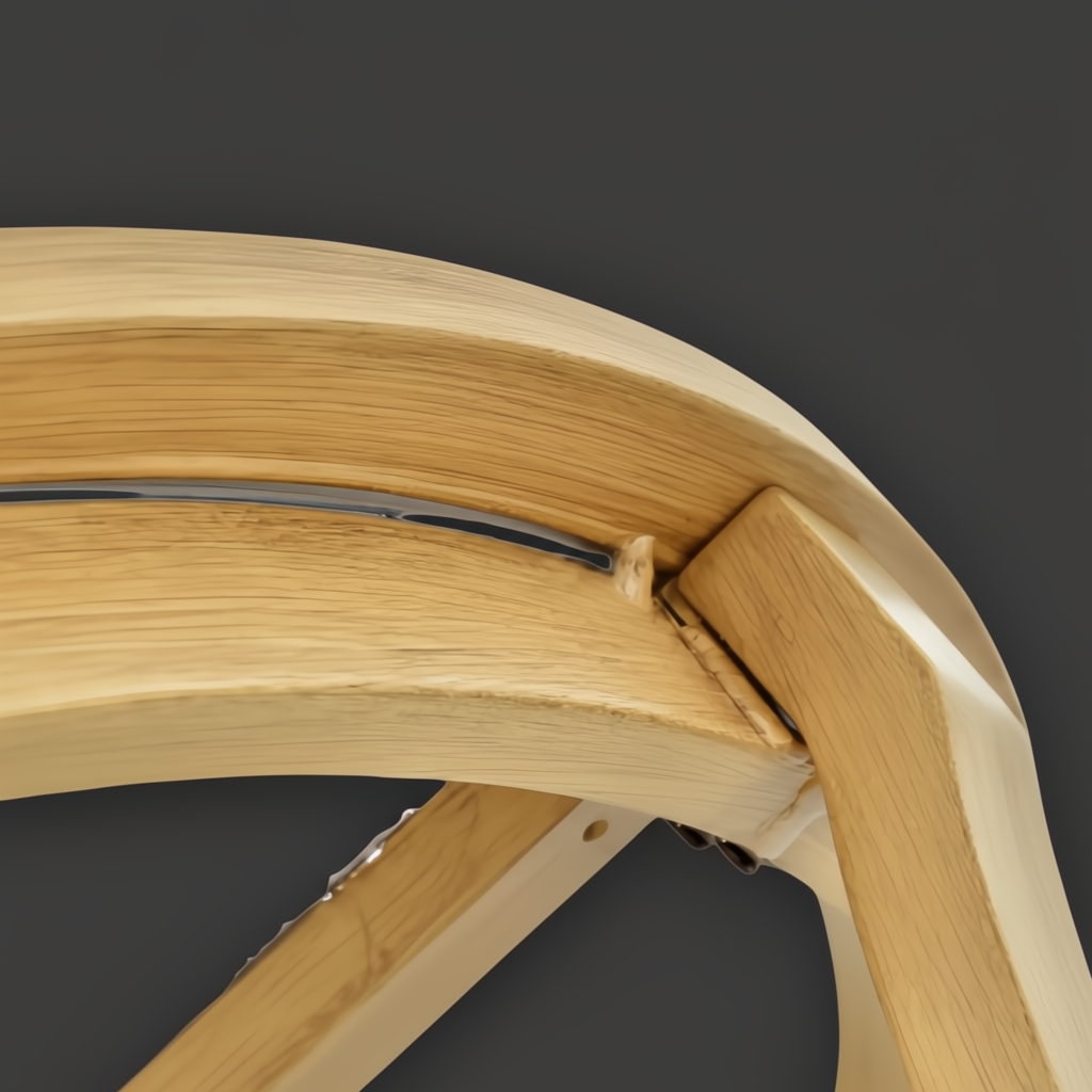 Close-up of a light brown wooden chair back with a curved top rail and visible joinery.