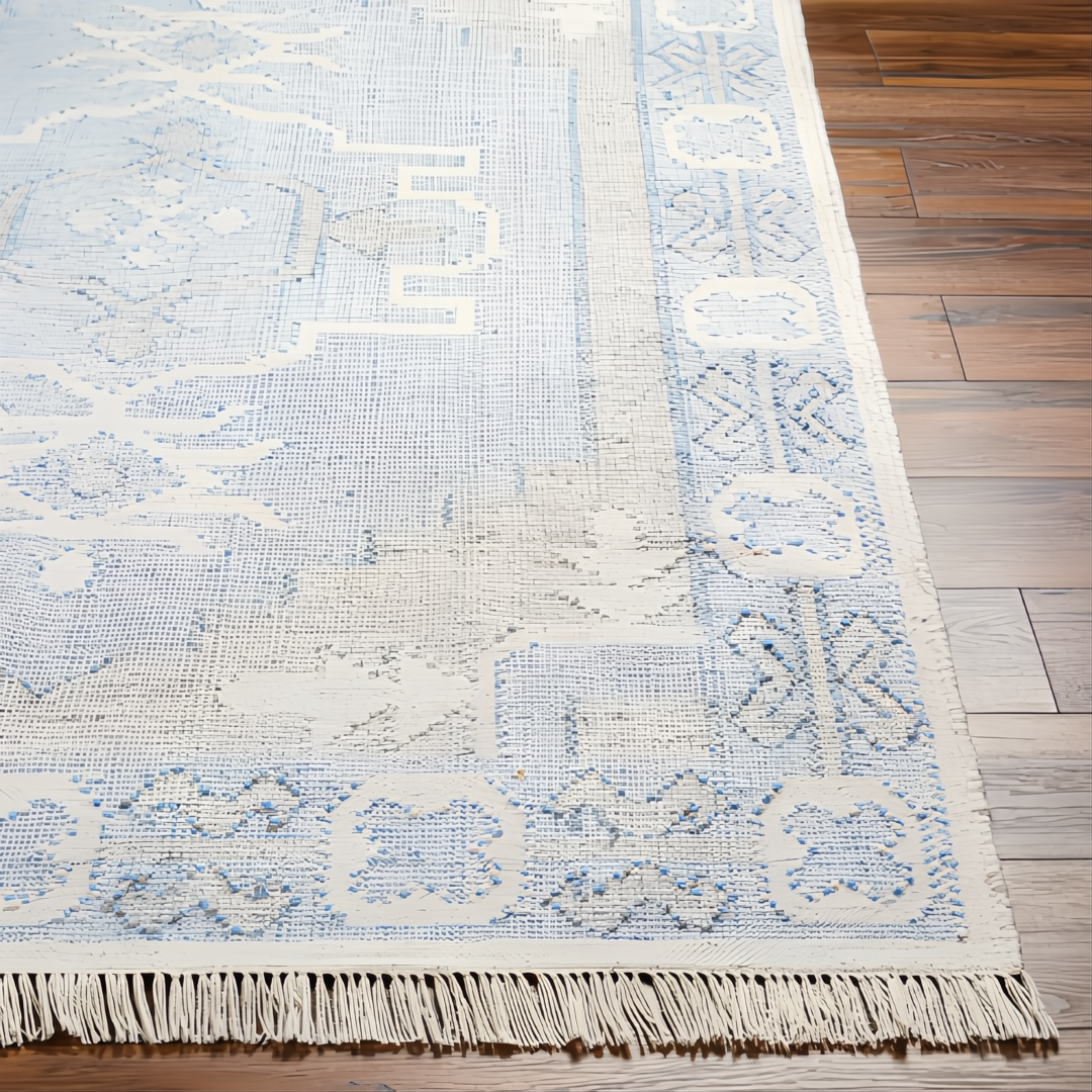 Light blue and white hand-woven flatweave rug with geometric patterns and fringe, made from recycled PET yarn.