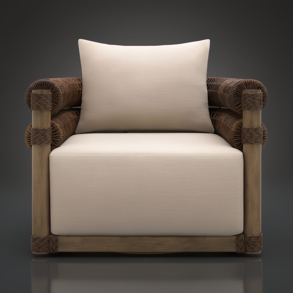 Surya Porta Swivel Chair with beige Sunbrella cushions, brown hand-painted aluminum base, and handwoven PE wicker.