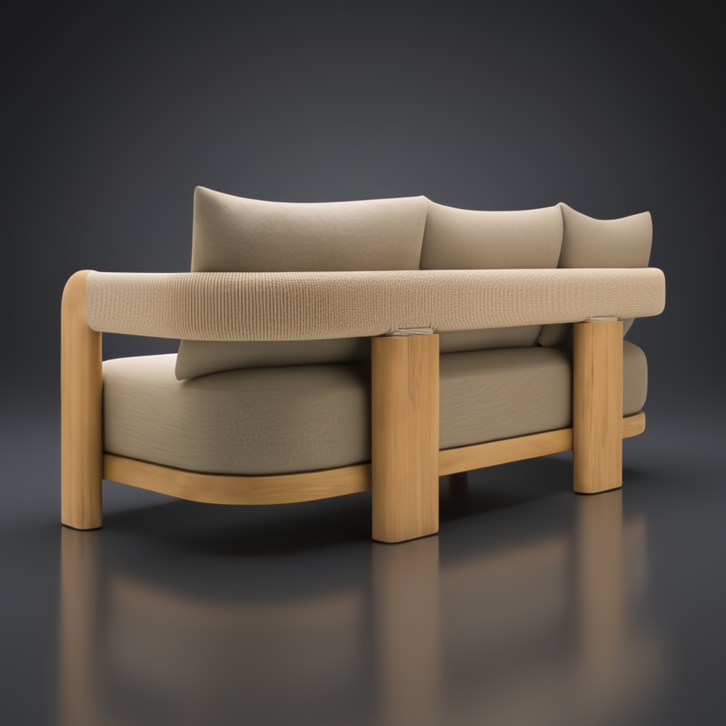Surya Palma outdoor sofa with beige Sunbrella upholstery, teak wood frame, and PE rope-wrapped detail.