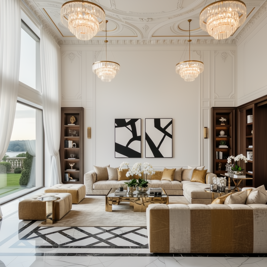 Two Surya Aasmaa AAM-001 modern black and white abstract wall art pieces, 21" x 19", above brown leather chaises.