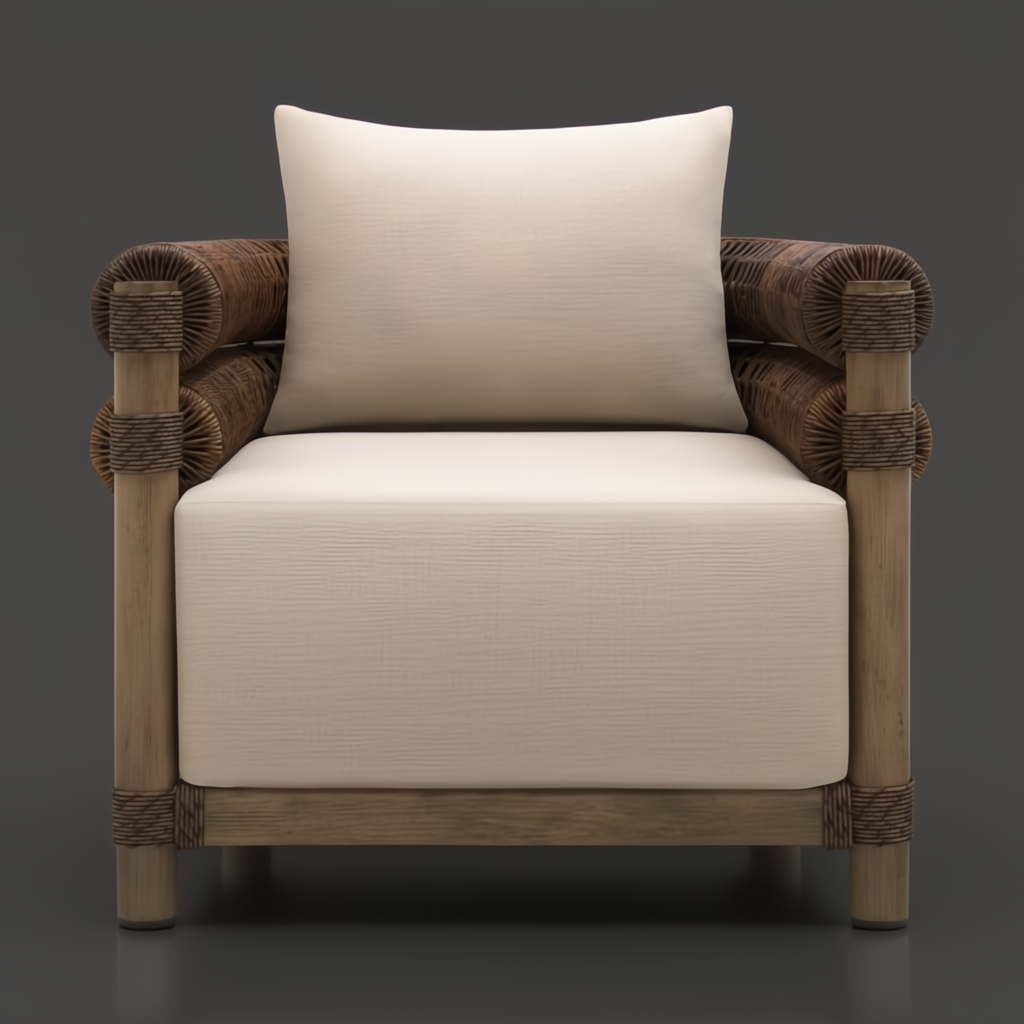 Surya Porta outdoor accent chair with light brown Sunbrella cushions, natural wood frame, and woven wicker arms.