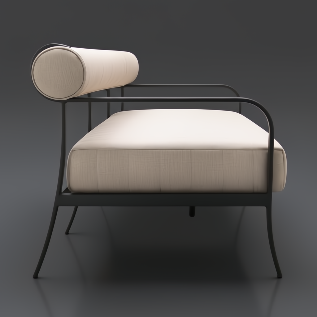 Surya Antibes outdoor sofa with beige Sunbrella upholstery and a sleek black aluminum frame.