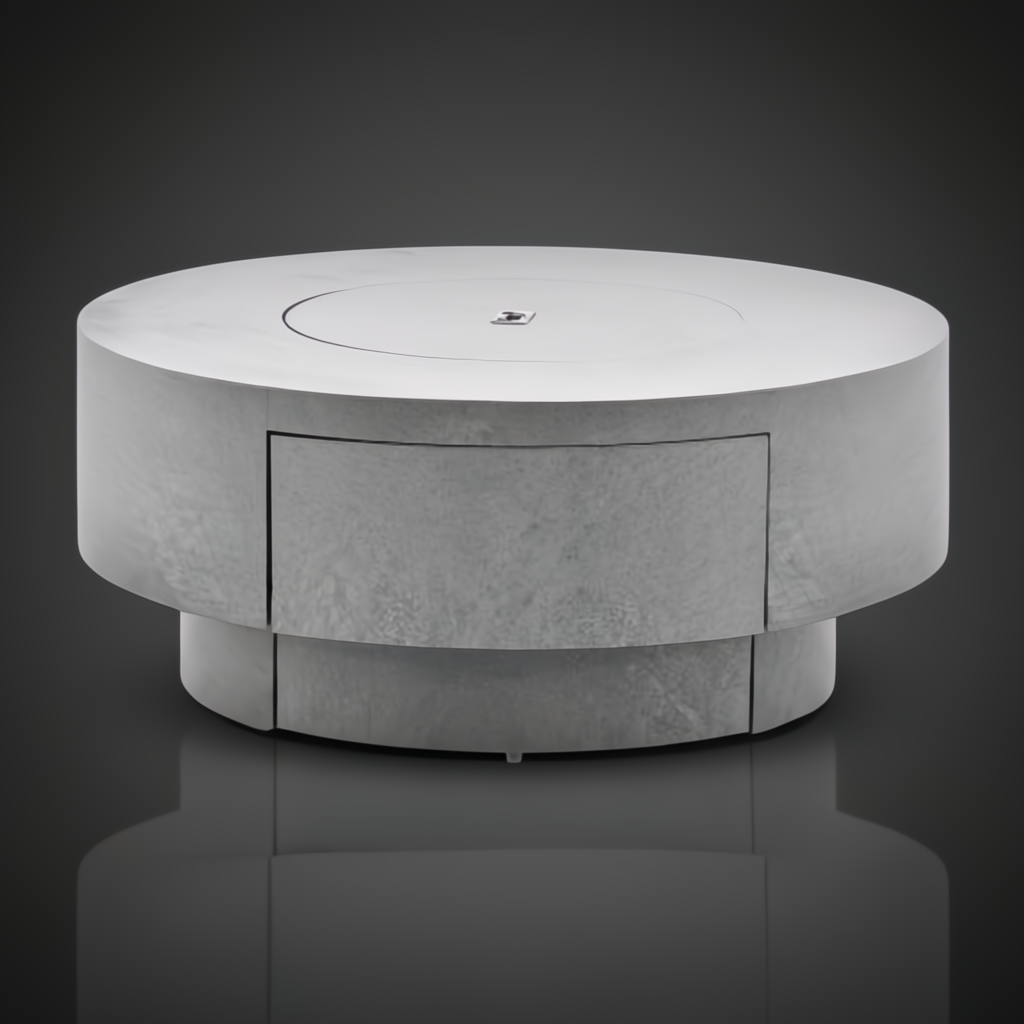 Surya Daniella round gray hand-painted aluminum fire table with a modern design and tray cover.