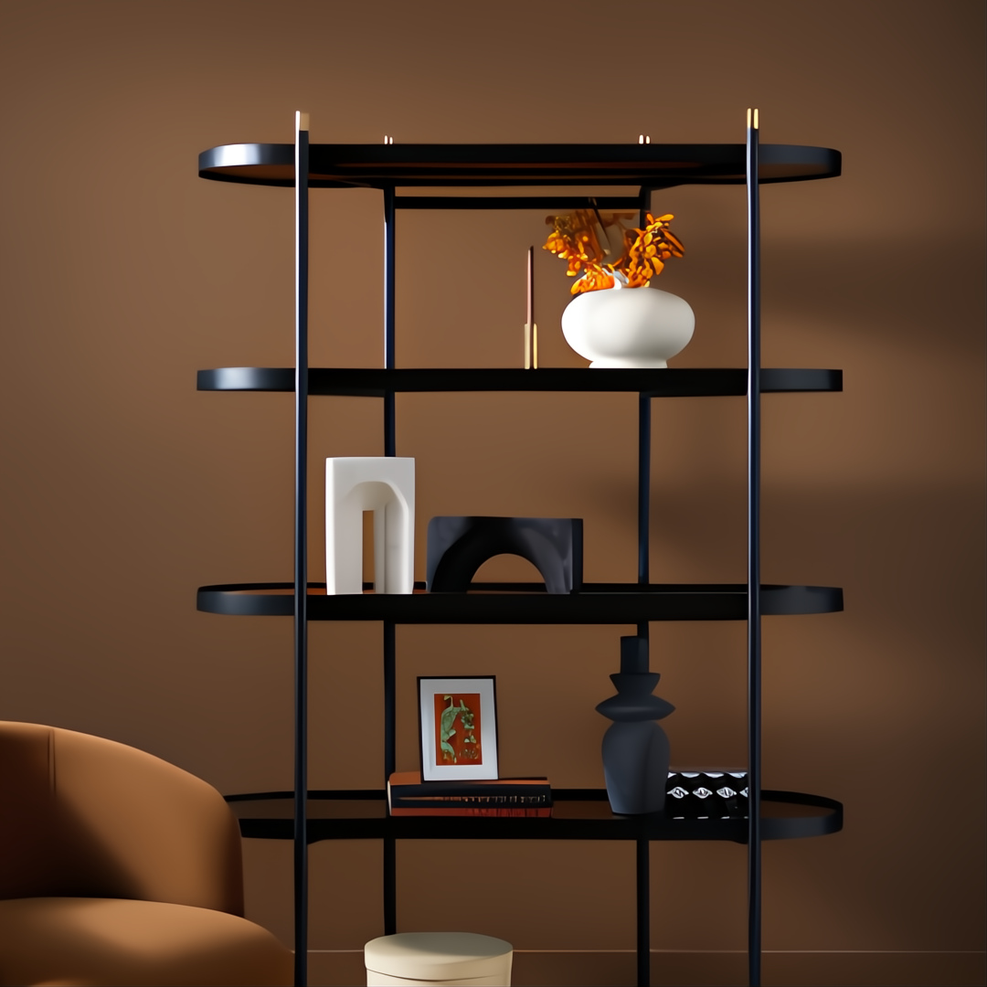 Modern white ceramic vase-style accent on a black shelf with other decor.