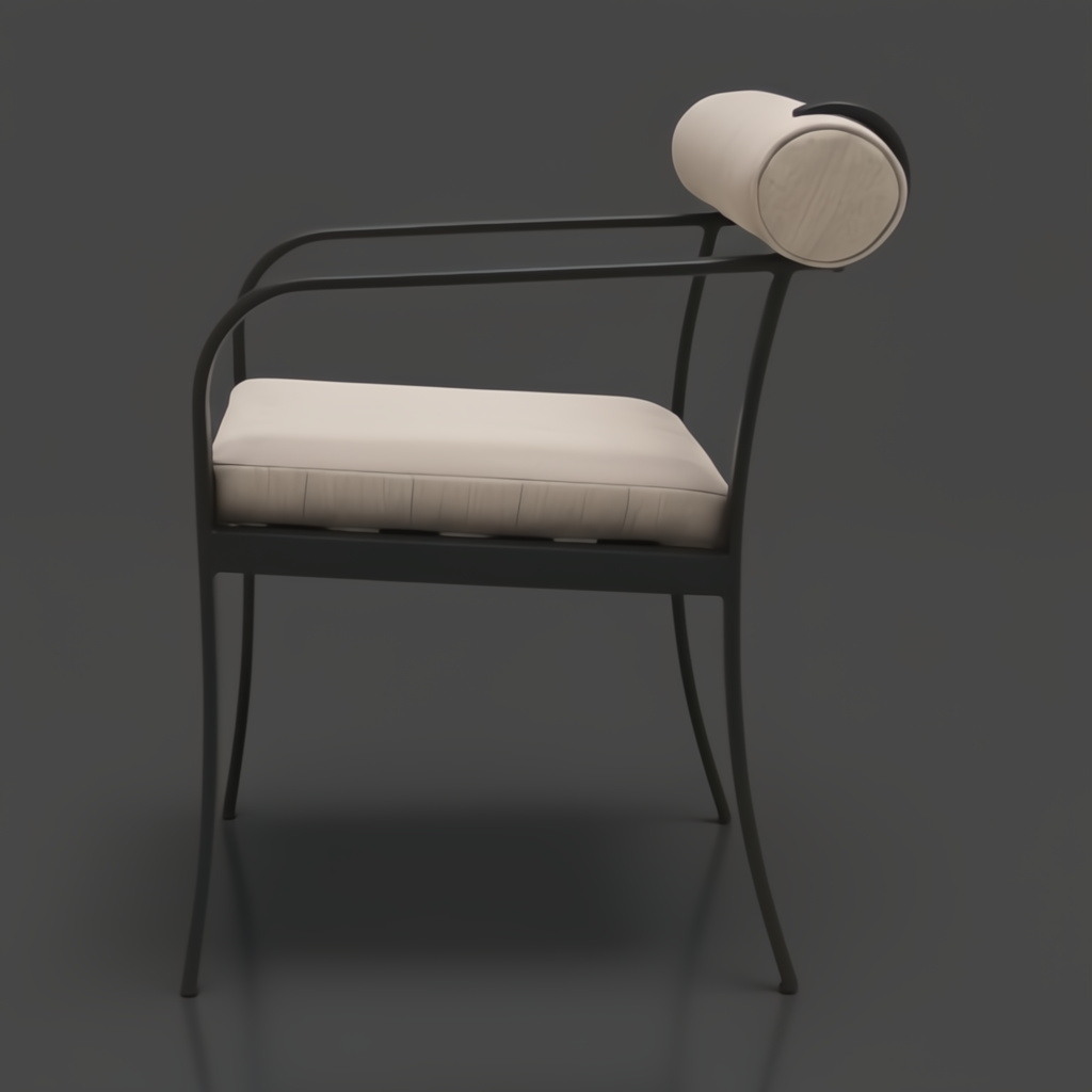 Surya Antibes dining chair with black aluminum frame, beige Sunbrella cushions, and a cylindrical back pillow.
